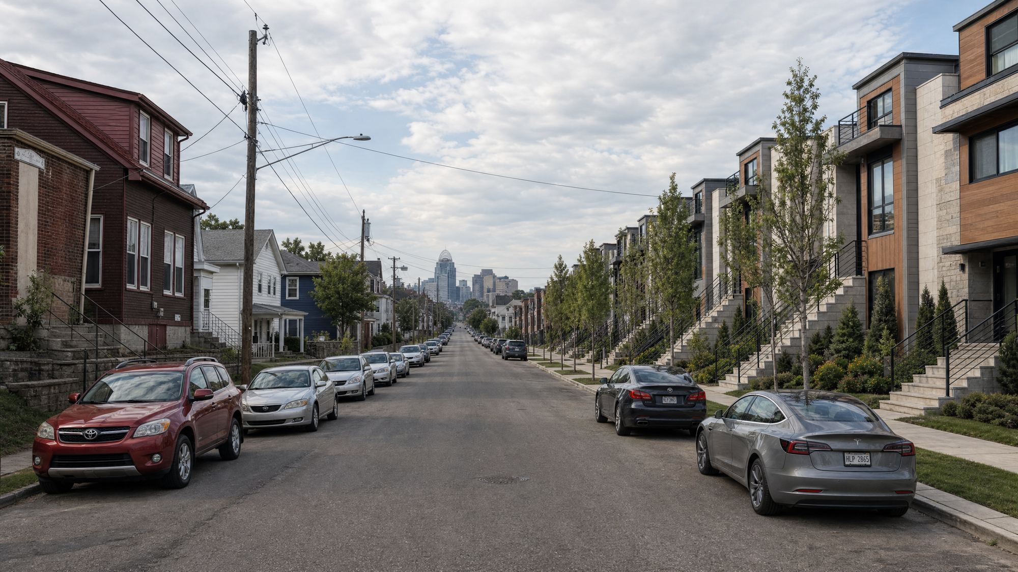 Rendering of the finished Ann Street streetscape with the Cincinnati skyline beyond